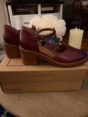 Seychelles T-Strap Platform Heels in Wine